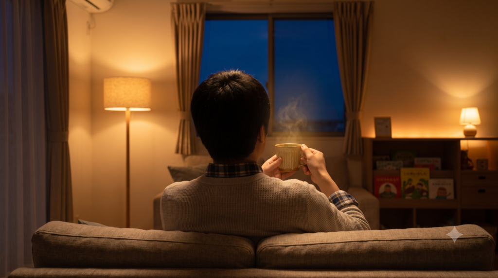 子供が寝た後の夜のリビングでソファに座り温かい飲み物で一息つく父親の後ろ姿