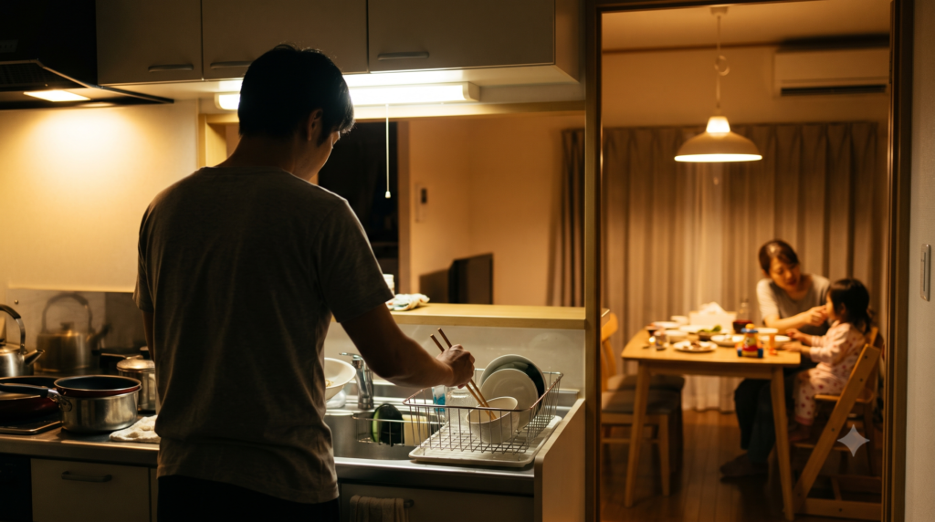 夜のキッチンで洗い物をする父親の後ろ姿と、食卓で過ごす母娘