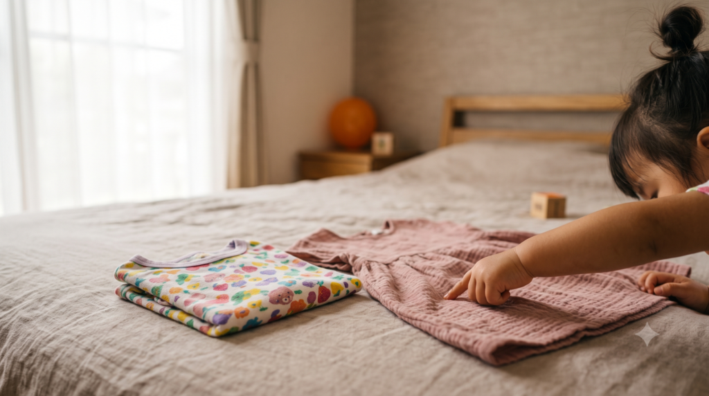 2着の子供服から自分で選ぶ幼児の小さな手