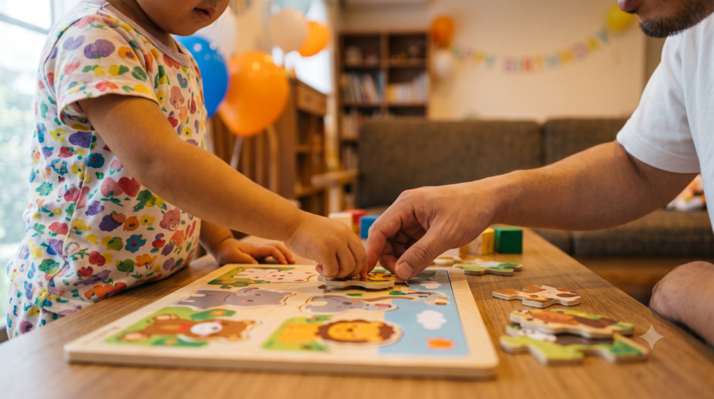 リビングで父親と一緒にパズルをする幼児の手元