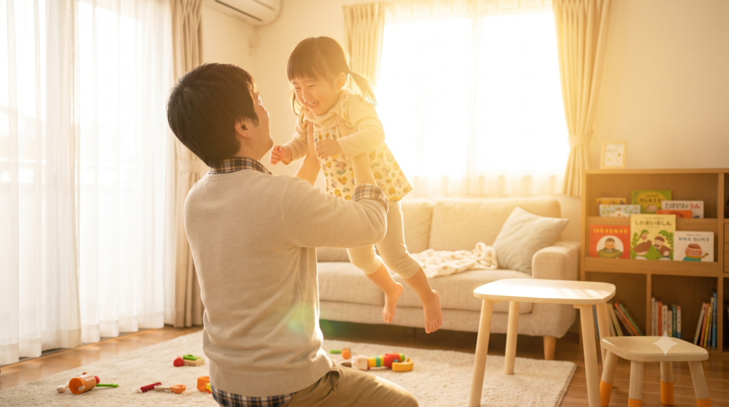 朝のリビングで泣く2歳の娘のそばに寄り添う父親
