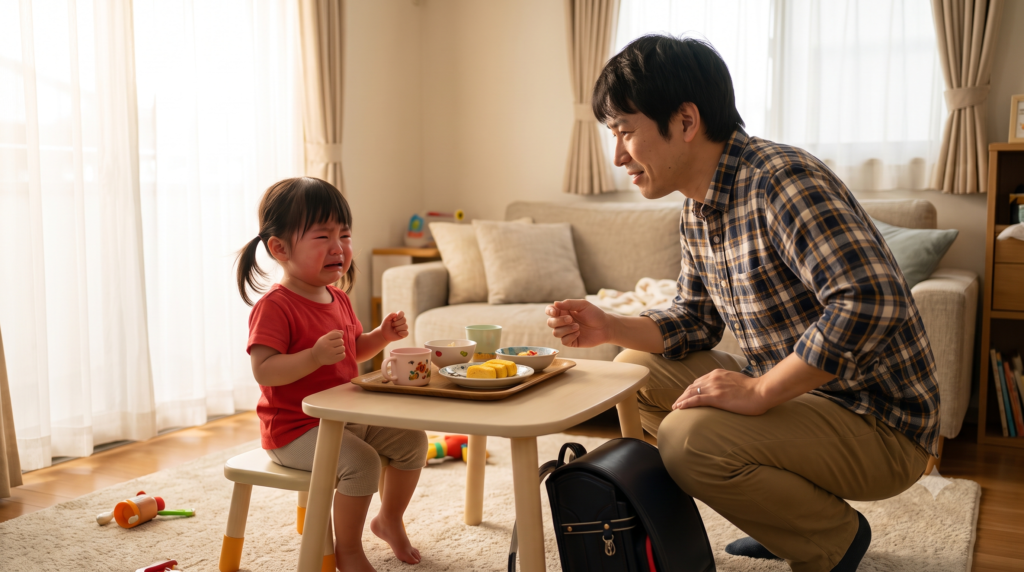 リビングで2歳の娘を抱き上げて遊ぶ父親