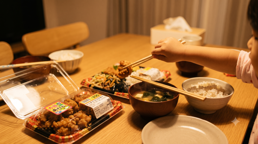 夜の食卓に並んだスーパーの惣菜と味噌汁、箸を伸ばす子供の手