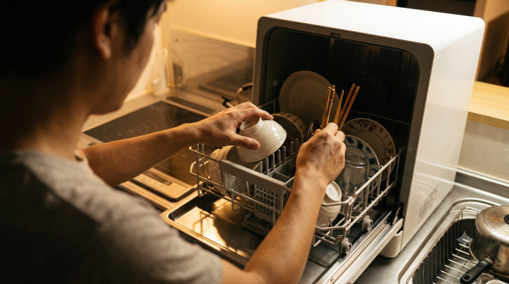 食洗機に食器をセットする父親の手元