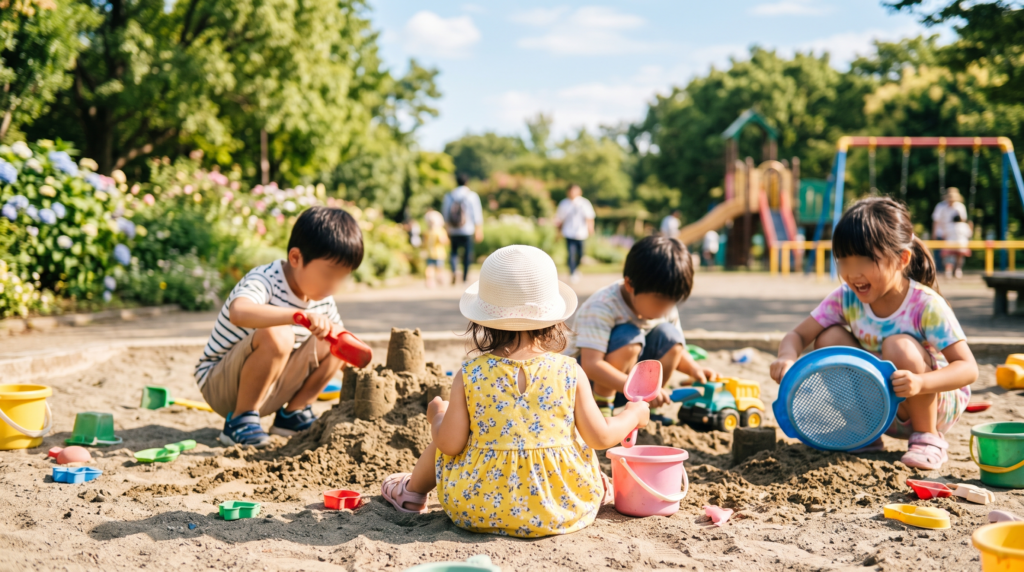 公園で年上の子たちに混ざって遊ぶ2歳の女の子の後ろ姿