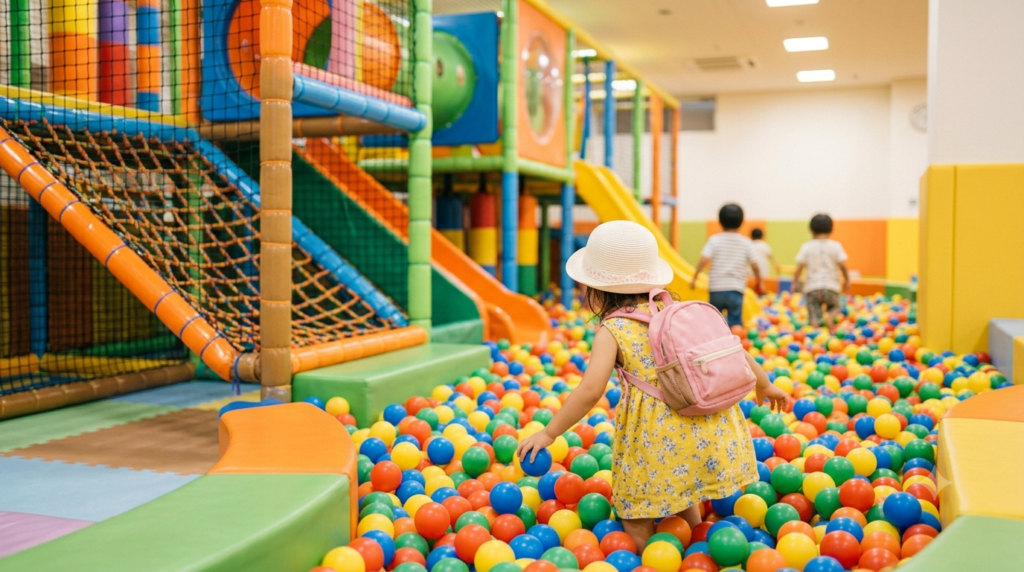 屋内キッズ施設のボールプールで遊ぶ2歳の女の子の後ろ姿