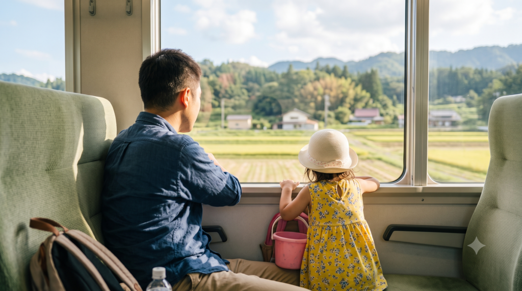 電車の窓側の席で父親と一緒に車窓を眺める幼児の後ろ姿