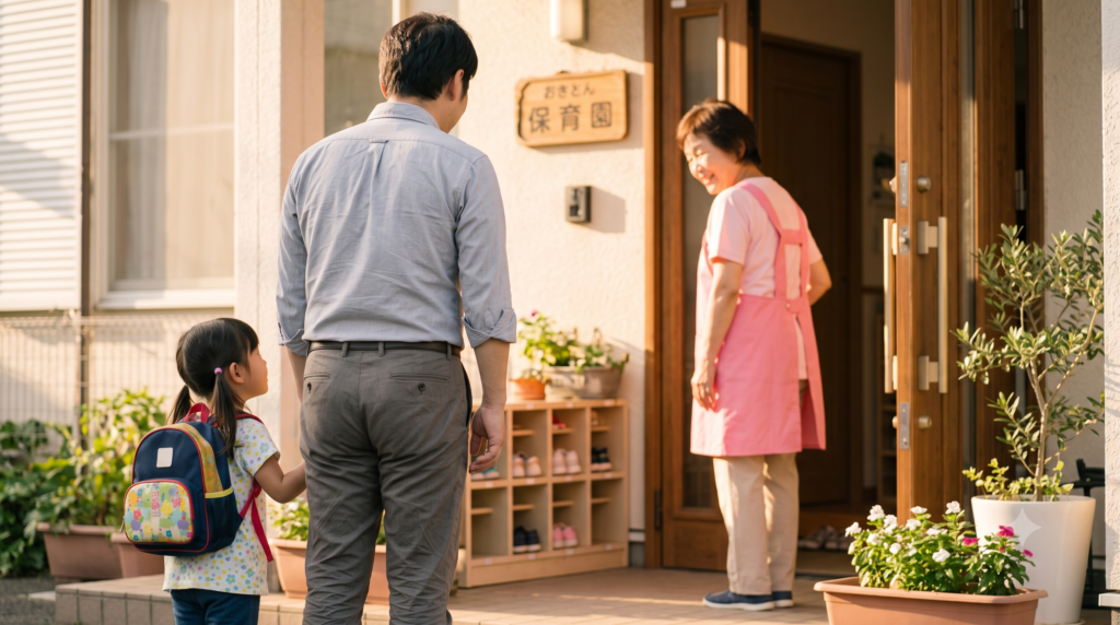 保育園の入り口で担任の先生に笑顔で挨拶する父親